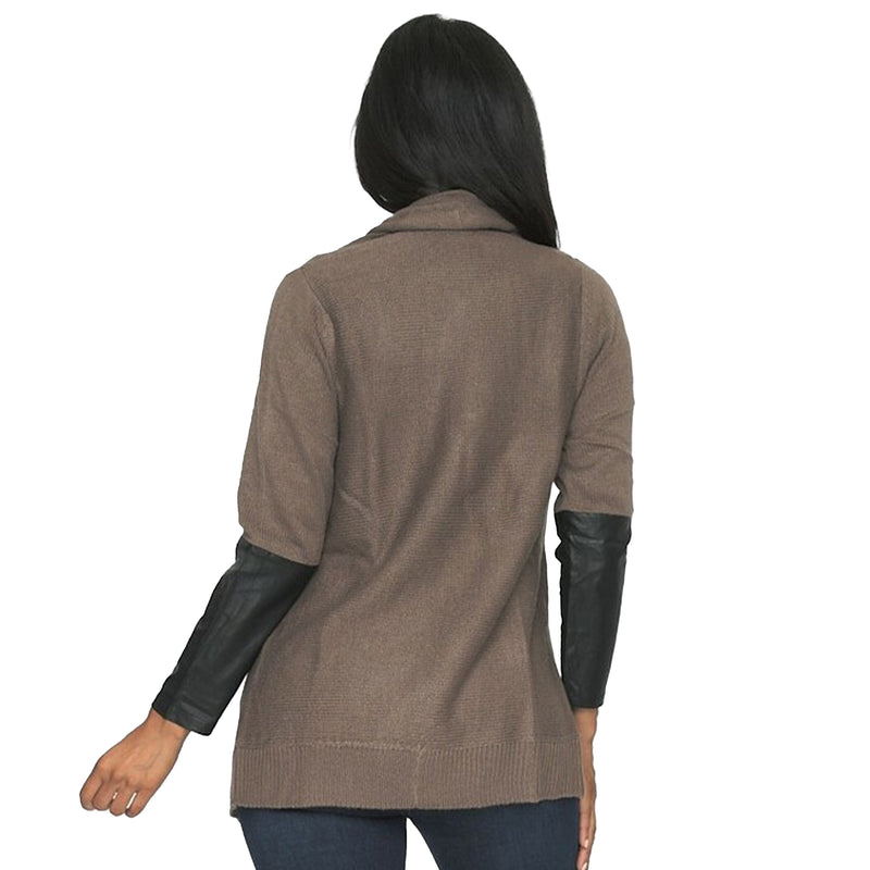 Taupe Leather Sleeve Cardigan Sweater